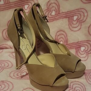 Jessica Simpson Taupe Suede Platform Peep-Toe Heels with Ankle Strap